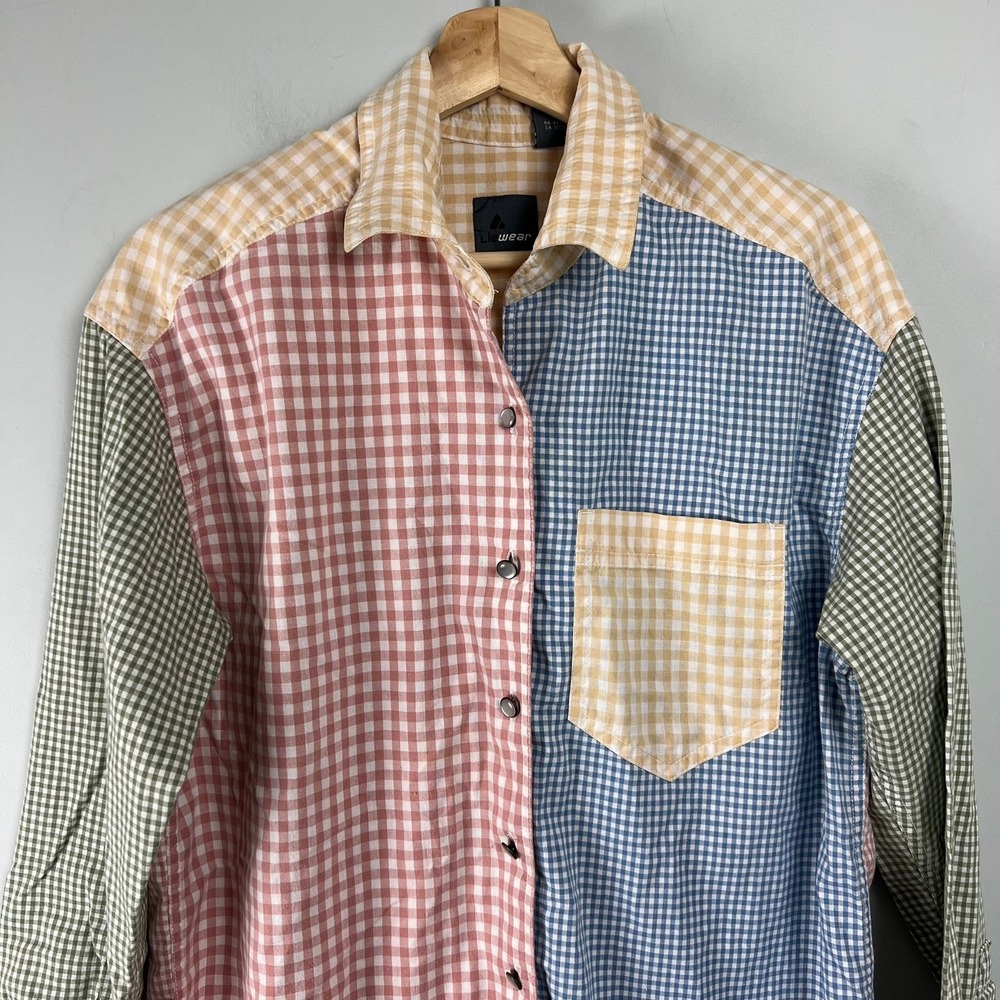 Lizwear Womens M Gingham Colorblock Shirt Cotton Cottagecore Retro Preppy Pastel - Picture 2 of 9